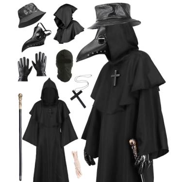 Imagem de Plague Doctor Costume Men Steampunk Medieval Leatherface Cosplay Outfit Adult Halloween Costumes Hooded Cape with Bird Beak Mask Belt Cane Gloves Necklace Hat CA029S