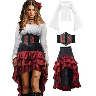 Imagem de Verceco Pirate Costume Women Outfit with Renaissance Pirate Shirt Skirt Corset Waist Belt Womens Halloween Pirate Costumes (White+Red, S)