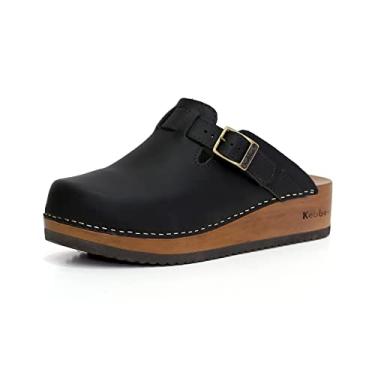 Imagem de Kebba Liliane - Tamancos de madeira feitos à mão com couro genuíno | Suporte de arco e ajuste confortável | Plataforma de Tepa chilena e sola de EVA | Feito em Villarrica, Chile, Azul-marinho e preto,