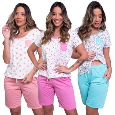 Imagem de Kit 5 Pijamas Feminino Estampado Adulto Blusa Manga  Curta e Bermudinh