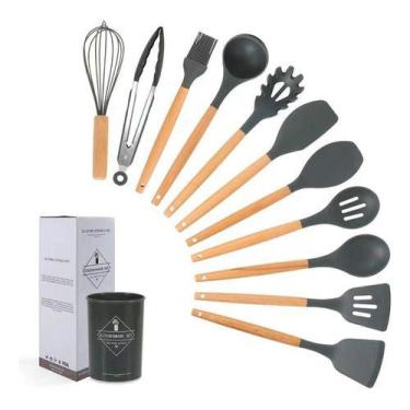 Imagem de Kit 12 Utensílios Cozinha Silicone - Cabo Madeira - oem, Preto