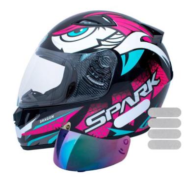 Imagem de Capacete Ebf Spark Dragon Preto Rosa Mais Viseira Camaleão e Adesivo B
