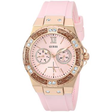 Imagem de GUESS Relógio feminino de aço inoxidável + silicone resistente a manchas com funções de dia + data (modelo: U1053L), Rosa/tom de ouro rosa/rosa, NS, LIMELIGHT