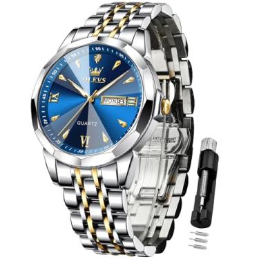 Imagem de OLEVS Relógios masculinos analógicos de quartzo para negócios, relógios masculinos, diamante, aço inoxidável, à prova d'água, data, clássico, fácil de ler, relógio masculino, 9998: dois tons e azul