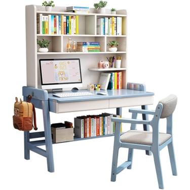 Imagem de Mesa em madeira maciça com boocase integrada, ideal para home office ou quarto,Azul+cadeira B,120x60x186cm