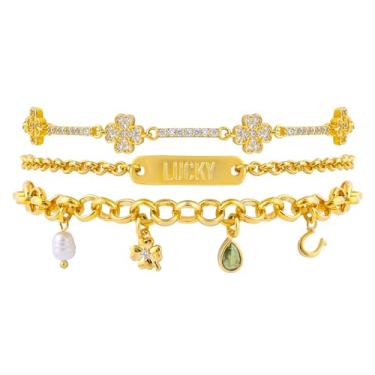 Imagem de Pulseiras femininas com pingente de trevo da sorte dourado banhado a ouro 14K trevo pérola verde lágrima cristal ferradura pingente pulseiras ajustáveis conjunto de pulseiras de etiqueta da sorte