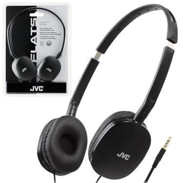 Imagem de JVC Fones de ouvido pretos planos e dobráveis coloridos na orelha com plugue fino de telefone banhado a ouro de 1,2 m HAS160B