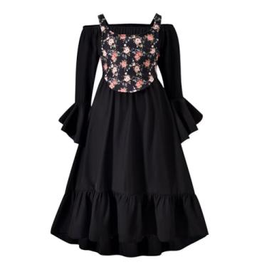 Imagem de Vestido retrô vintage medieval medieval com colete de manga comprida floral e babados vitorianos elegantes para fotos, Preto, 6-7 Anos