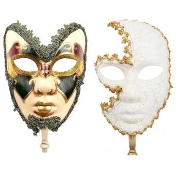 Imagem de YU FENG Pacote com 2 máscaras venezianas de cosplay para casais, máscaras venezianas de carnaval de carnaval de carnaval de carnaval veneziano em um bastão, vestido chique de