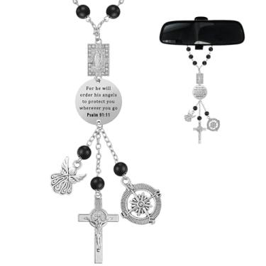 Imagem de Landical Rosário de carro para espelho retrovisor, cruz de carro, rosário para espelho de carro, salmo 91: 11, versículo da Bíblia, amuleto de carro, rosário, presentes religiosos, presente de anjo de