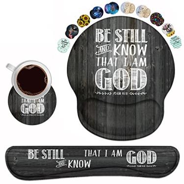 Imagem de Conjunto de descanso de pulso para teclado e mouse pad de apoio de pulso com porta-copos ergonômico, mouse pad para jogos ergonômico, base de poliuretano antiderrapante para trabalho em casa, escritório, estudo, fácil digitação e alívio da dor - Verso Bíblia Salmo 46:10