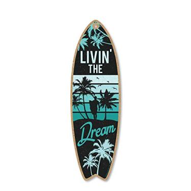 Imagem de Mel Dew Gifts Livin' The Dream, Quadro de surfe de 12,7 cm x 40,6 cm, Placa de madeira, Decoração Tiki Bar, Decoração temática de praia, Placa de parede decorativa, Decoração de casa