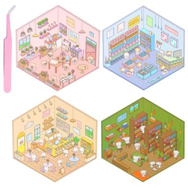 Imagem de 4 conjuntos de adesivos de casa 3D com tema de mini animais, 3D, cenas com pinças, faça sua própria loja, cenas fofas, animais, faça você mesmo, adesivos de cena em miniatura 3D