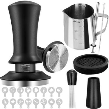 Imagem de Conjunto de adulteração de café expresso de 53 mm, kit de acessórios de café expresso, calcadeira de café expresso calibrada com mola com ferramenta WDT, tapete de adulteração, agitador de café, jarra
