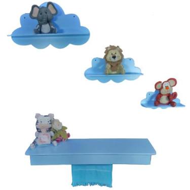Imagem de Kit Nichos Nuvem + Prateleira com Varão MDF - Azul bb Bebê - Flores pa