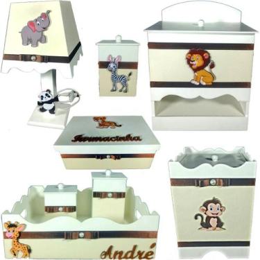 Imagem de Kit Higiene bebê Mdf decorado 8 pçs - SAFARI BRANCO COM PALHA - Flores
