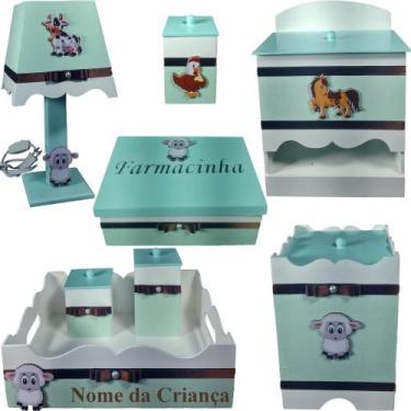 Imagem de Kit jogo farmacinha bebe mdf - Fazendinha Branco Verde Tampas verdes -
