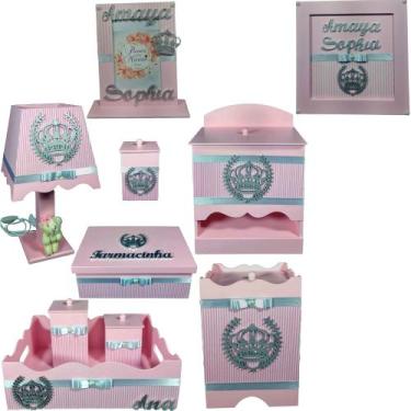 Imagem de Kit Higiene bebê Mdf 10 peças - ROSA LISTRADO DE COROA - Flores para M