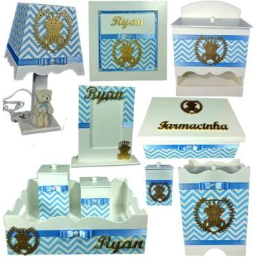 Imagem de Kit farmacinha Higiene bebê Mdf 10 peças -  CHEVRON AZUL BB DE URSINHO