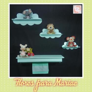 Imagem de Kit Nichos Nuvem + Prateleira com Varão MDF - Verde Bebê BB - Flores p