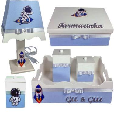 Imagem de Kit de Higiene de bebê madeira Mdf menino 6 pçs - Astronauta Branco e 