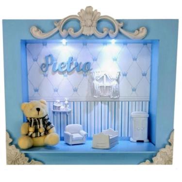 Imagem de Quadro Enfeite De Porta Maternidade Cenário Led - Azul bb com Branco m