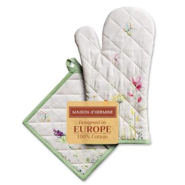 Imagem de Luva de forno e suportes para panelas Maison d' Hermine, 100% algodão, fresca e botânica, Oven Mitt & Pot Holder, (7.5 Inch by 13 Inch) & (8 Inch by 8 Inch), 2