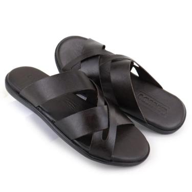 Imagem de Chinelo Masculino Couro Com Tiras Confortável Resistente