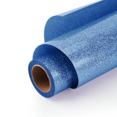 Imagem de HYQJJ Rolo de vinil de transferência de calor HTV azul brilhante - 30,5 cm x 3 m. Vinil com glitter para camisetas, artesanato DIY e designs personalizados, fácil de cortar, remover ervas daninhas e