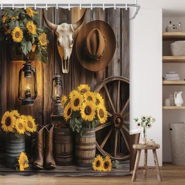 Imagem de Cortina de chuveiro rústica caubói ocidental casa de fazenda marrom porta de celeiro madeira girassol sudoeste país vintage tecido de poliéster rural decoração de banheiro 70×70 polegadas com gancho