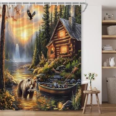 Imagem de BCNEW Cortina de chuveiro rústica para cabana de fazenda, peixe, lago, urso, peixe, águia, acampamento, floresta, cachoeira, natureza, arte, pescador, tecido de poliéster, decoração de banheiro 177 ×