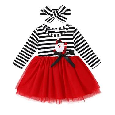 Imagem de MAMAMI Vestido de Natal para bebês meninas, 2 peças, algodão, manga comprida, estampa de Papai Noel, vestido tutu de princesa de Natal + faixa de cabeça 6M-6T, Vermelho, 4-5T