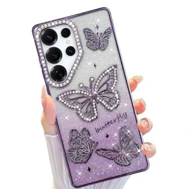 Imagem de HAOTP Capa para Samsung Galaxy S25 Ultra Glitter, Linda Capa Borboleta 3D Strass Luxuosa Chapeamento Brilhante, Anti-Riscos TPU Macio Slim Fit À Prova de Choque Capas de Telemóvel para Mulheres