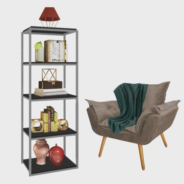 Imagem de Kit Poltrona Fatte com Manta Soft Verde e Estante Livreiro Ferro Prata mdf Preto Suede Bege - Ahazzo Móveis