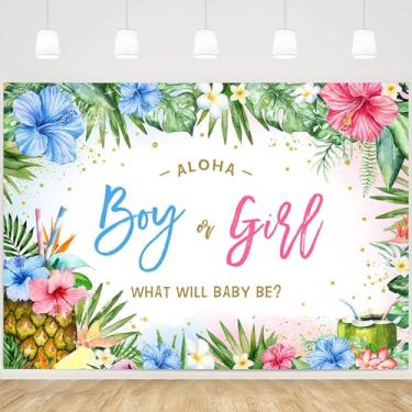 Imagem de MEHOFOND 2,1 x 1,5 m Aloha Pano de fundo revelador de gênero menino ou menina, o que será o bebê, fundo fotográfico, tema havaiano, tropical, faixa reveladora de gênero, faixa de verão, abacaxi