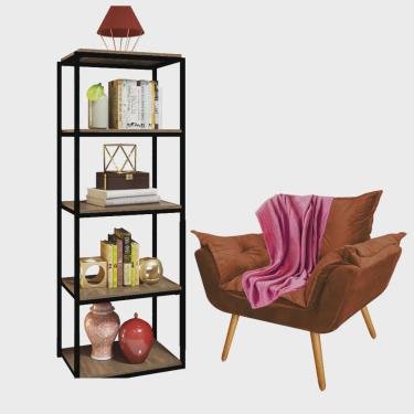 Imagem de Kit Poltrona Fatte com Manta Soft e Estante Livreiro Ferro Preto mdf Rústico Suede Terr...