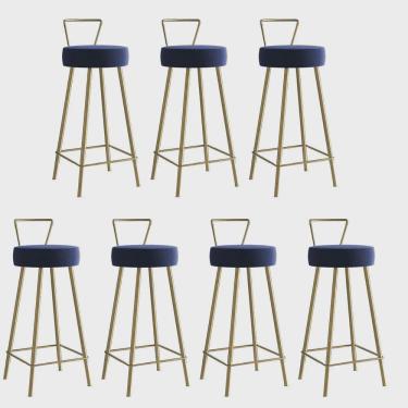 Imagem de Kit 07 Banqueta Alta Com Encosto Tais Eiffel Cozinha Bar Bistrô Ferro Dourado Suede Azul Marinho - Ahz Móveis