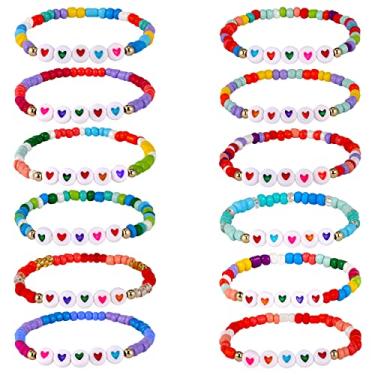 Imagem de 12 pçs pulseira infantil para meninas contas pulseiras coração pulseiras amizade pulseiras meninas pulseiras infantis pulseiras de praia com contas elásticas pulseira de praia, como mostrado nas imagens, resina, sem pedra preciosa, as pictures shown, Resina, Sem pedra preciosa
