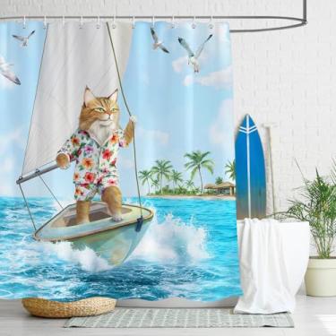 Imagem de Dazzlewall Cortina de chuveiro de gato engraçada, gato surfando em barco náutico azul oceano gaivota infantil cortina de banheiro tecido impermeável com 12 ganchos 183 x 182 cm