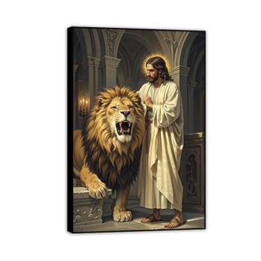 Imagem de Arte de parede em tela de Jesus e Cordeiro, O Leão de Judá Jesus, Pôster de Rei Leão Cristão Jesus Impressão de Pintura Religiosa Arte Igreja Decoração de Parede Imagens 60 x 40 cm Moldura Preta