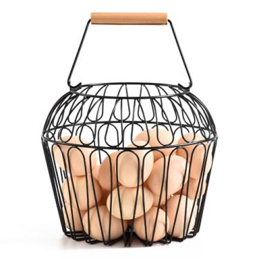 Imagem de Cestas de ovos de fazenda para coletar ovos frescos com alça, cesta de galinha redonda de metal para coletar ovos frescos para cozinha de bancada