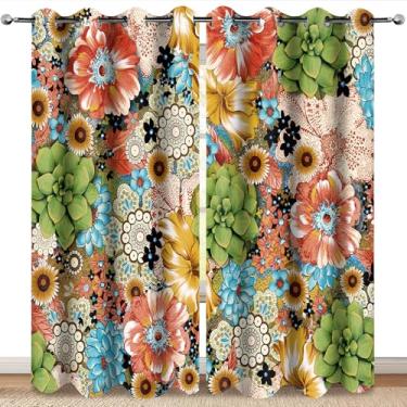 Imagem de MissHope Cortinas blecaute floral floral boêmio flores coloridas primavera verão decoração para mulheres meninas quarto estudo sala de estar escurecimento ilhó janela cortinas conjunto de 2 painéis