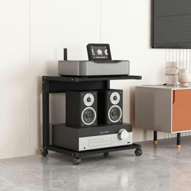 Imagem de LGEOELIAS Suporte para leitor de CD de 2 camadas, suporte de áudio estéreo, suporte de TV para jogos, prateleira de madeira móvel com rodas para casa/escritório/teatro, preto