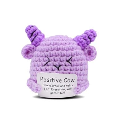 Imagem de Vaca positiva de crochê inspiradora – feito à mão, encorajamento emocional, crochê, vaca roxa macia com cartão, presentes únicos e fofos de agradecimento para amigos, colegas, festas, aniversários