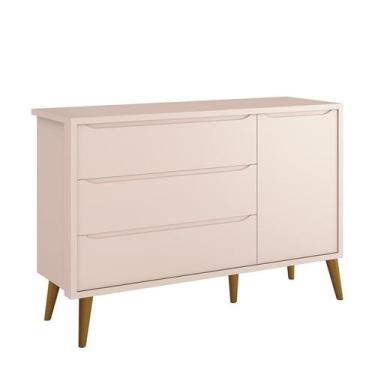 Imagem de Cômoda Infantil 1 Porta e 3 Gavetas Theo Retrô Rosa Fosco com Pés Amad