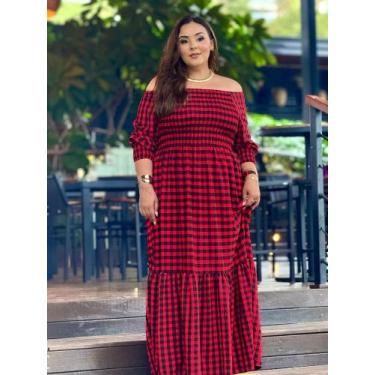 Imagem de Vestido Longo Plus Size Xadrez Ombro a Ombro Manga Inverno Moda Countr
