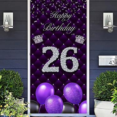 Imagem de Feliz aniversário de 26 anos, faixa roxa, adereços para cabine de fotos, balões com tema de coroa de prata, decoração para mulheres, aniversário de vinte e seis anos, lembrancinhas de festa de