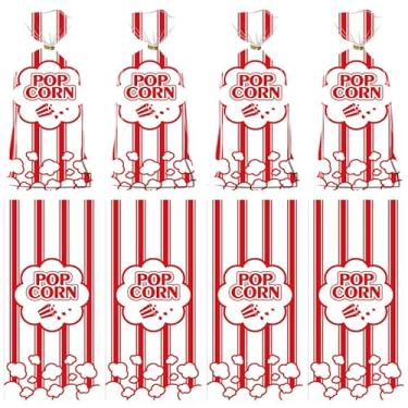 Imagem de Sacos de guloseimas de celofane de aniversário de carnaval de circo, 100 peças, listra vermelha e branca, estampa de pipoca, presente de plástico, biscoitos, doces, sacos de armazenamento com laços
