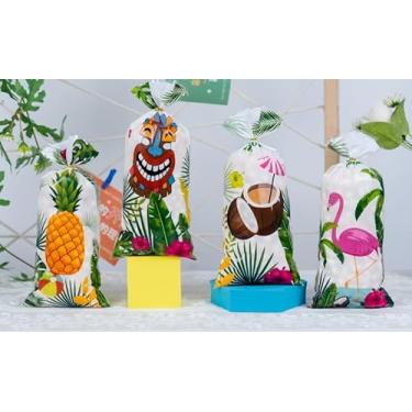Imagem de Sacos de guloseimas tropicais Luau de celofane, 100 peças, máscara de flamingo e abacaxi Tiki com estampa de coco, presente de plástico, biscoitos, doces, sacos de armazenamento com laços para