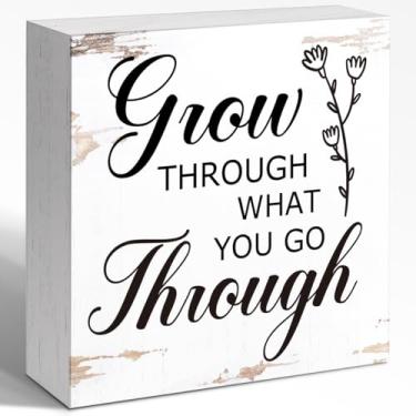 Imagem de WUZYOU Decoração de parede com sinal de caixa de madeira de afirmação inspiradora, Grow Through What You Go Through Wood Block Signature, decoração motivacional para mesa de escritório em casa